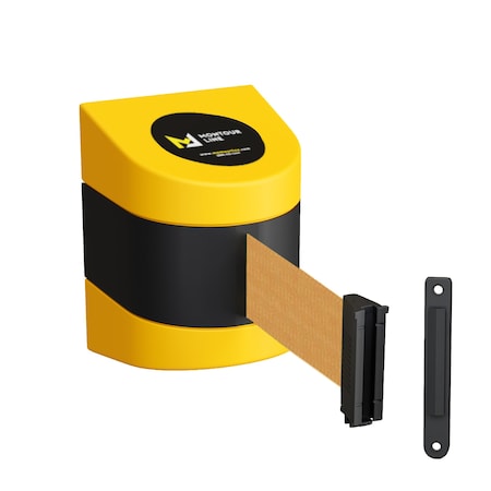 Montour Line Retractable Belt Barrier YW Fixed Wall Mount 15' Brown Belt (F) PWM200-YW-BN-F-S-150